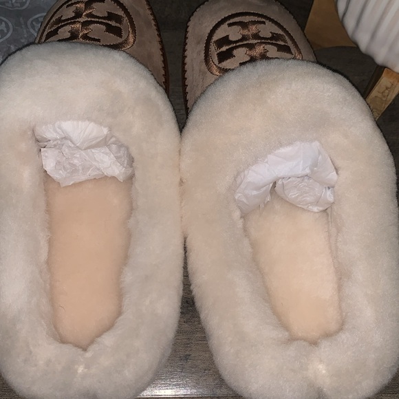 NIB TORY BURCH COLEY SLIPPER SHEARING LINED NATURAL SUEDE & LEATHER - Picture 8 of 10